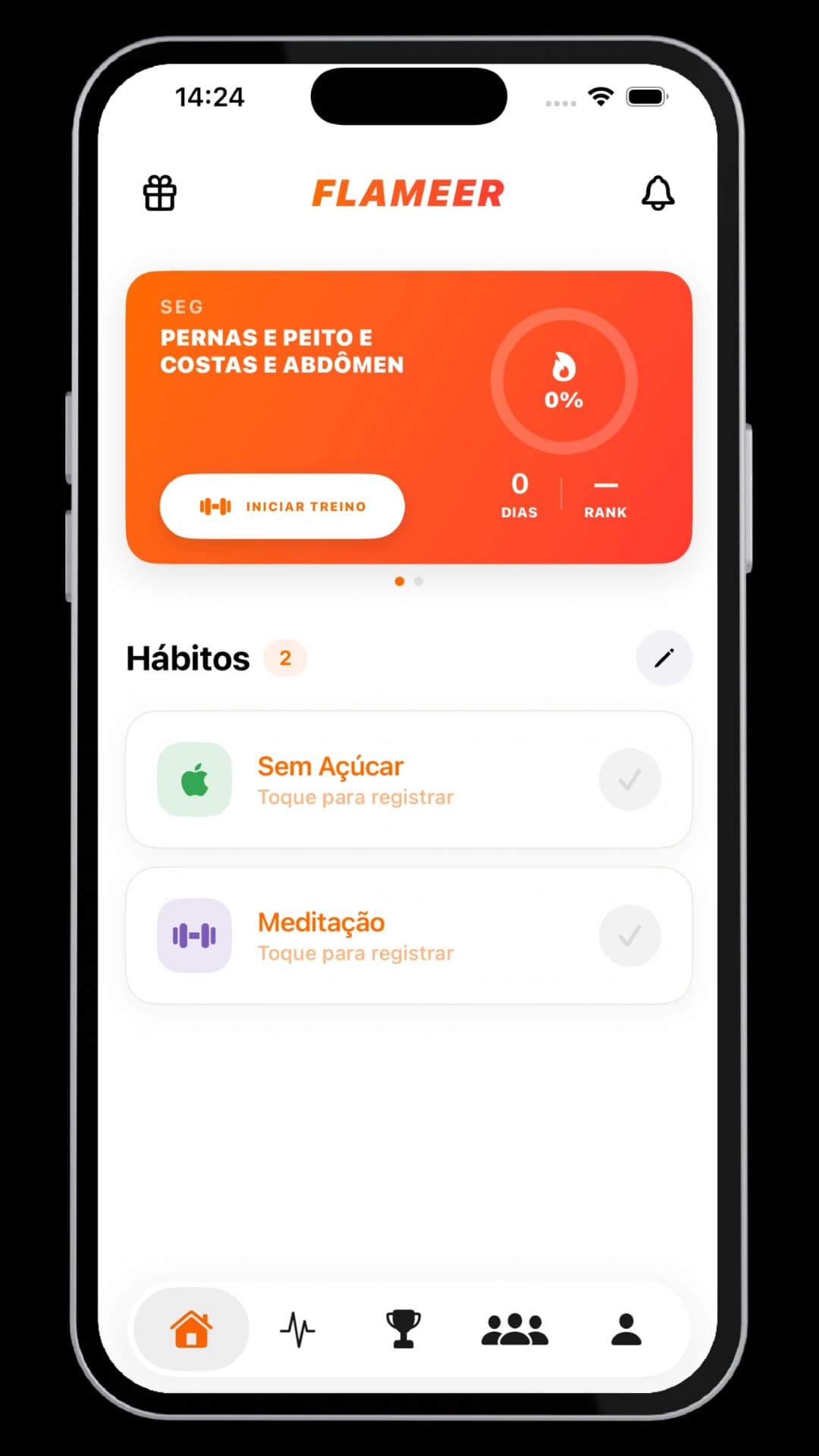 Tela inicial do app com treino do dia e hábitos